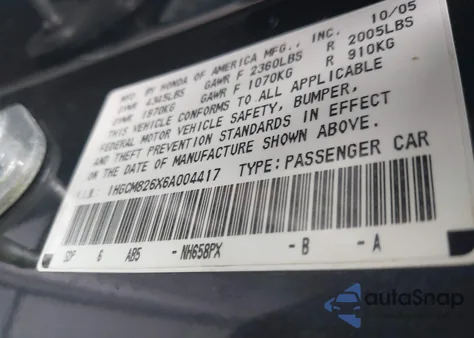 2006 Honda Accord 3.0 Ex z USA, uszkodzony, nr VIN 1HGCM826X6A004417